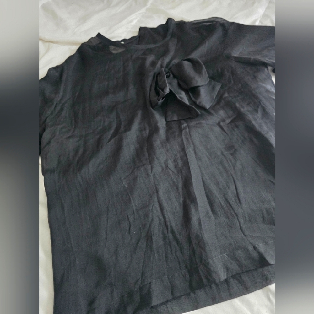 Alysi Blouse - Italian Black Silk Bow Tie Sheer Designer - Picture 3 of 10